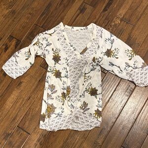 Free People Floral V-Neck Blouse - Cream and Gold